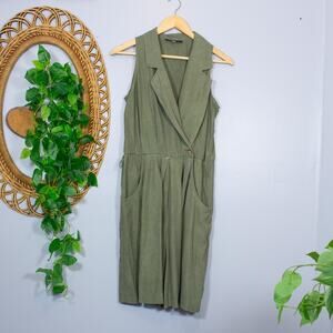 Olive Green Utility Jumper Dress Tailored Vtg Sleeveless Suit Style Soft Autumn
